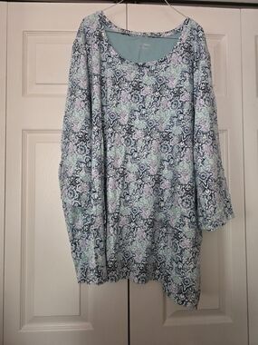 Catherines Seafoam Blue Floral Trim Long Sleeve Top